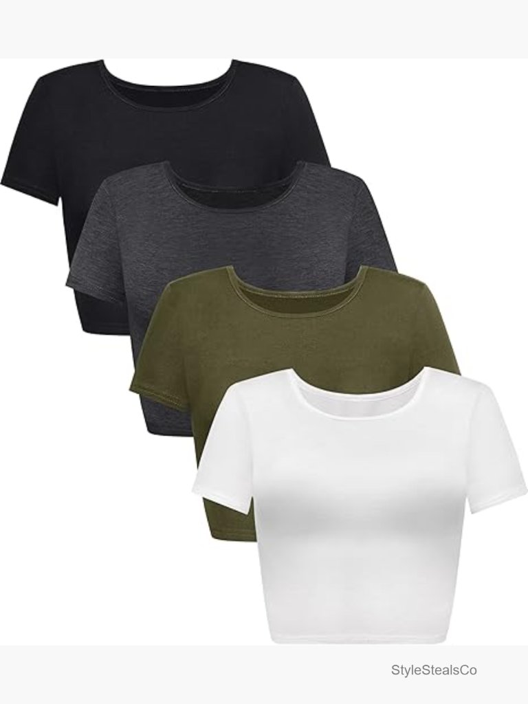4 Pack Crop Tops Short Sleeve Scoop Neck Tight Fit Rayon Spandex
